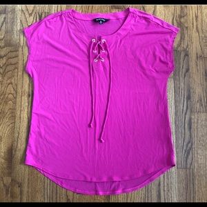 Ellen Tracy Pink Lace Up Neckline Top Size Medium